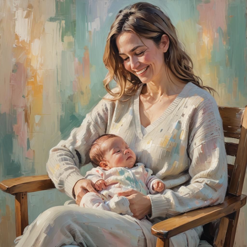 Impressionist Painting of Mother and Baby in Pastels