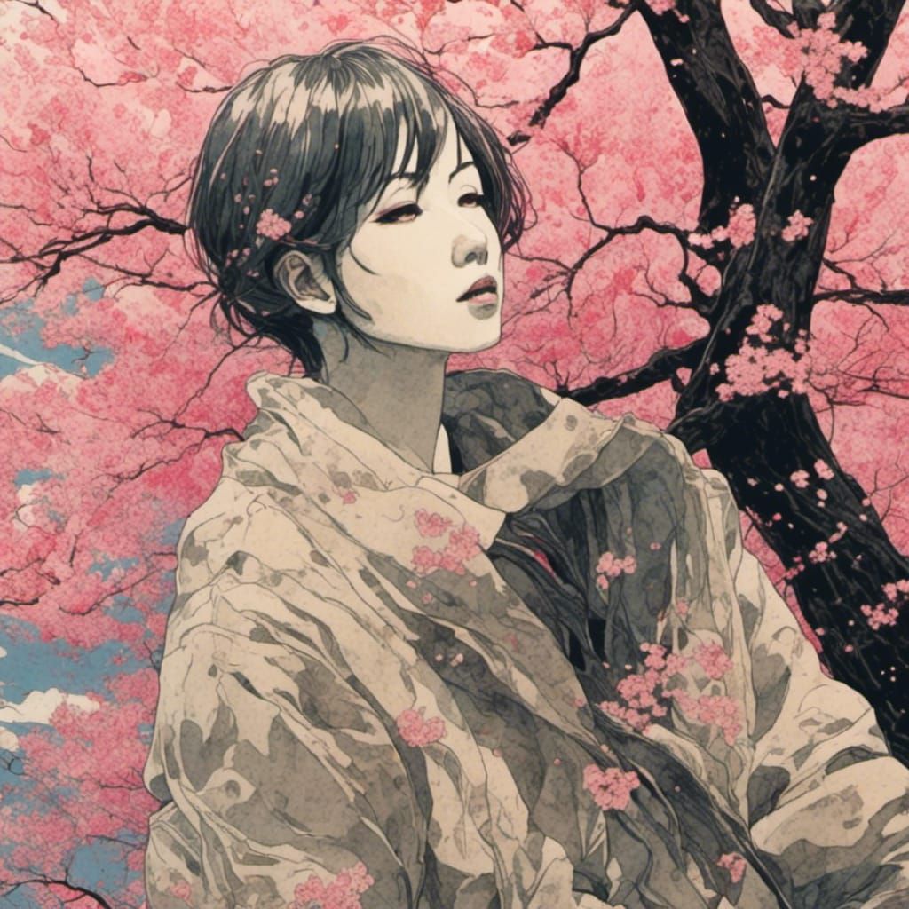 Cherry Blossom Sake: Japanese Woodblock Print