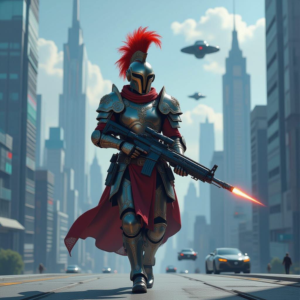 Renaissance Alien Striding Through Futuristic Cityscape