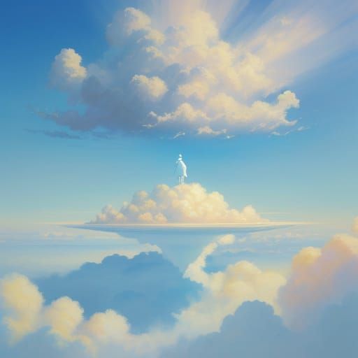 Whimsical Oil Painting of People Walking on Clouds in a Brig...