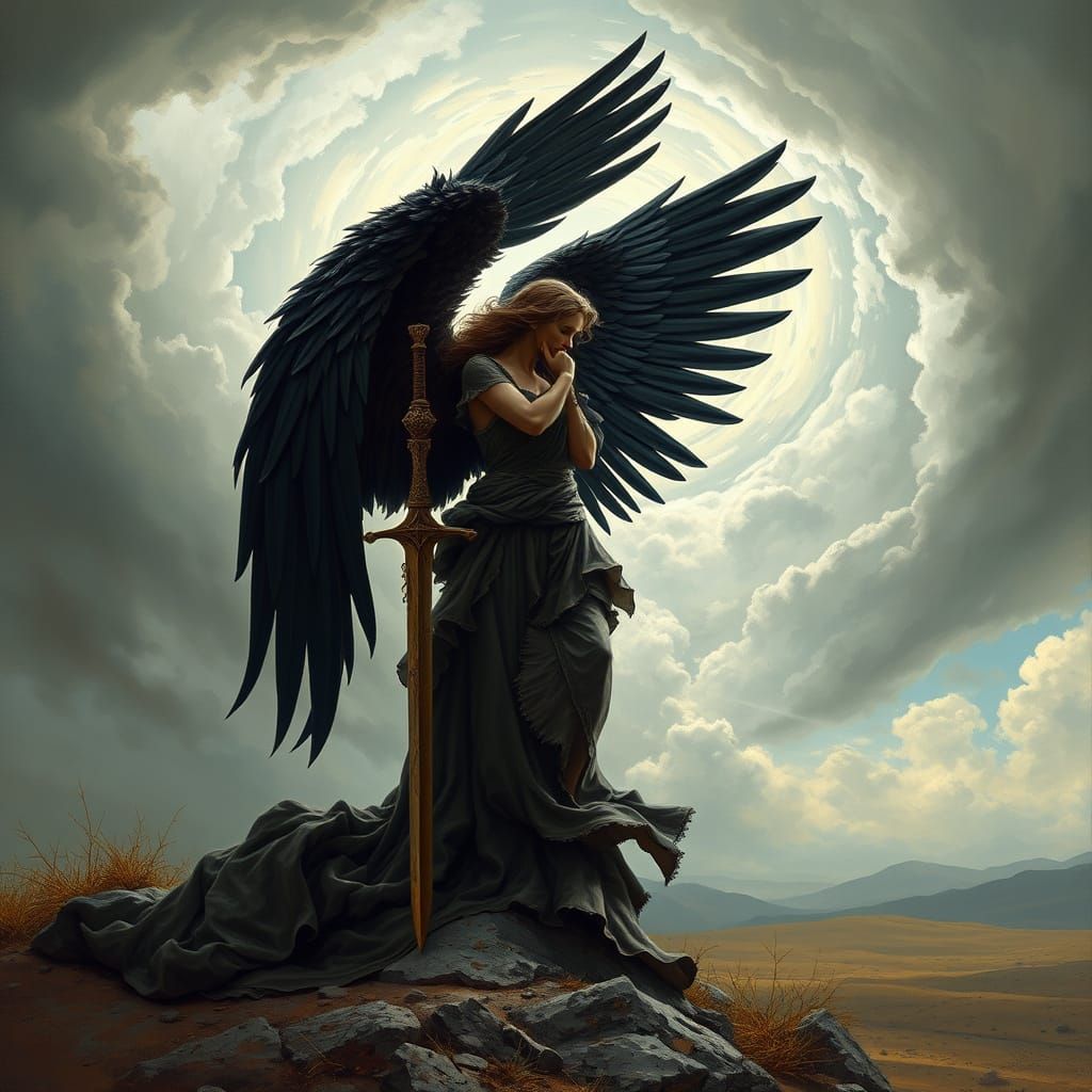 Angel of the Apocalypse in a Windswept Landscape, in the Sty...