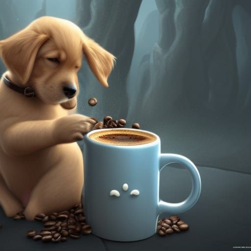 Cute dog playing with the coffee beans