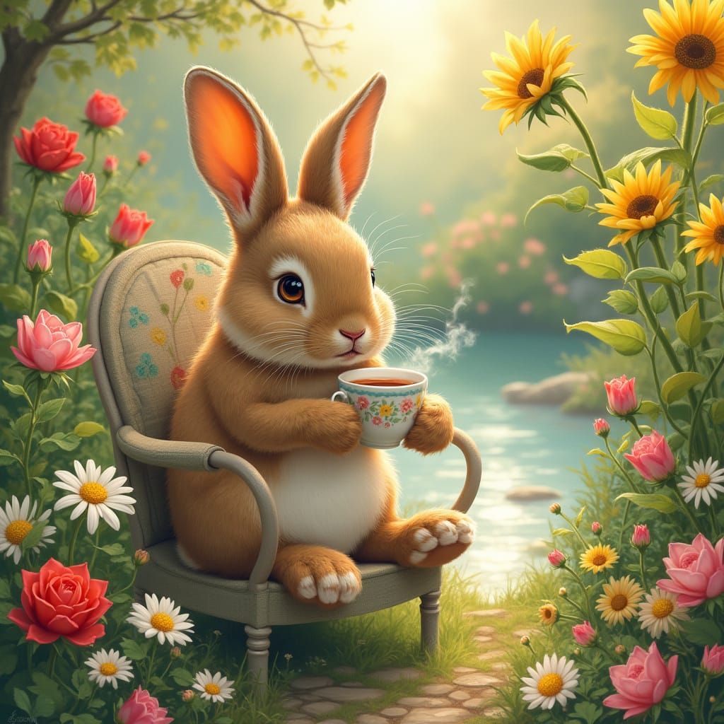Whimsical Garden Scene with Bunny Enjoying Coffee