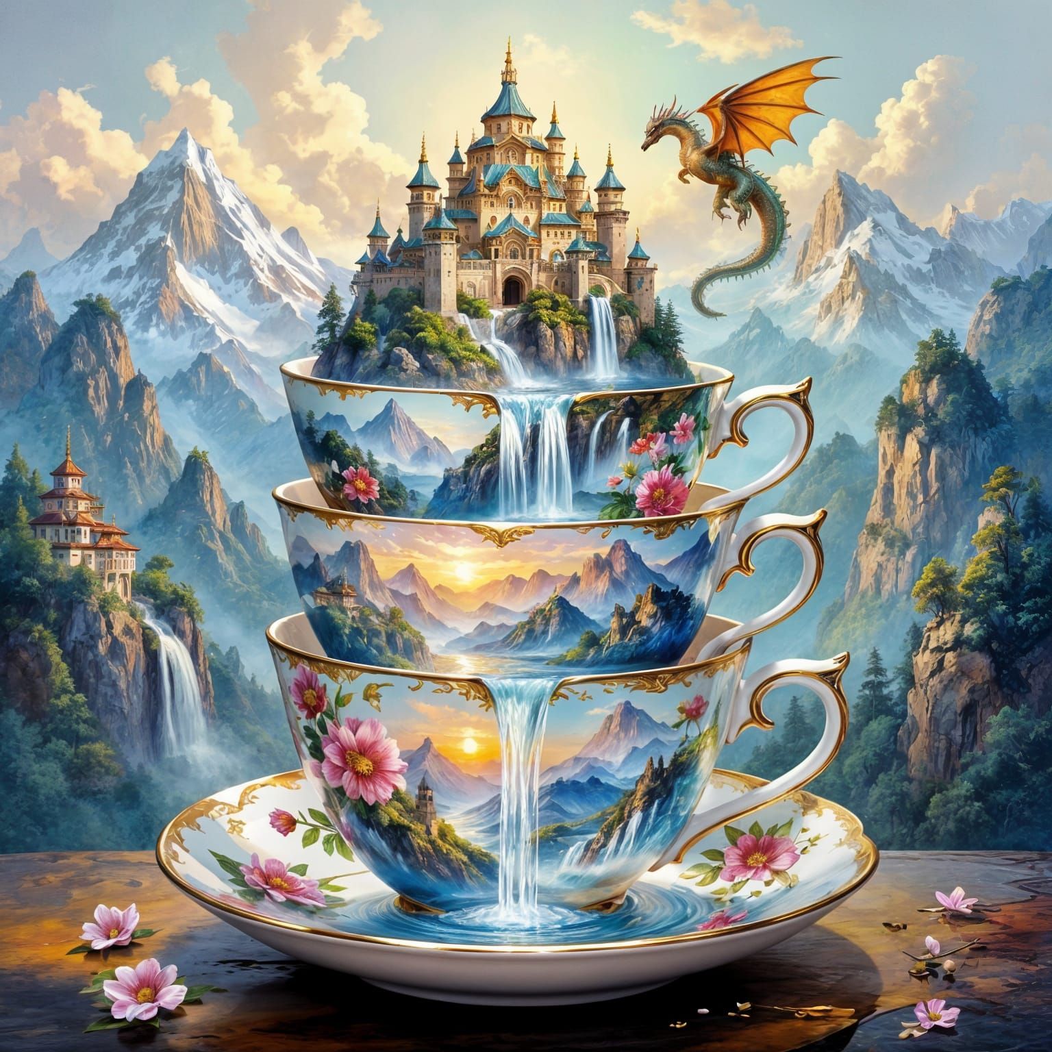 Fantasy City Teacups Flowing with Waterfalls in Oil Painting...