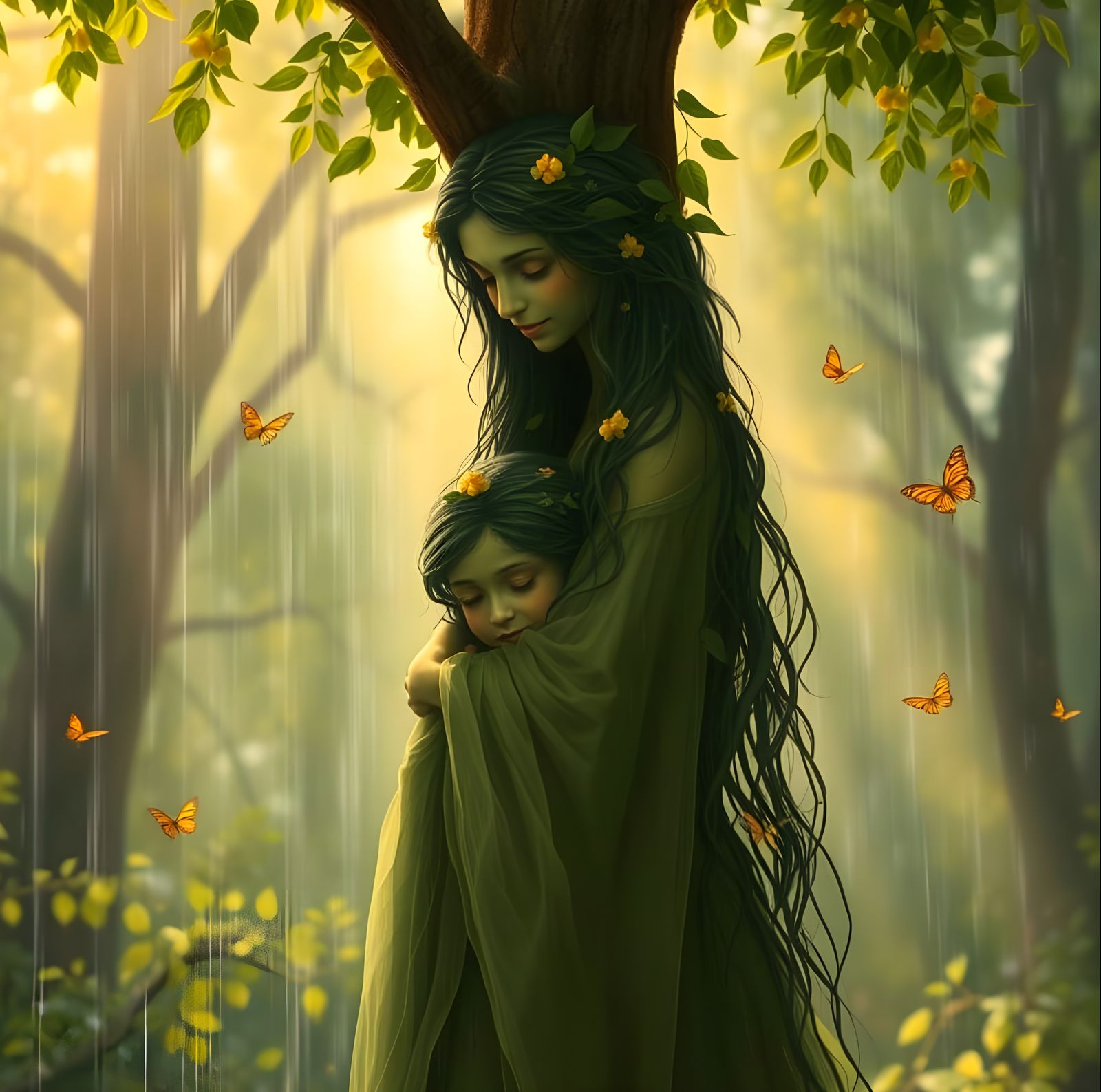 Ethereal Dryad Mother and Daughter in Whimsical Forest