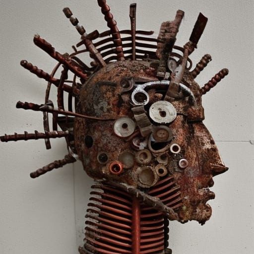 Rusty Metal Head Sculpture in Arcimboldo Style