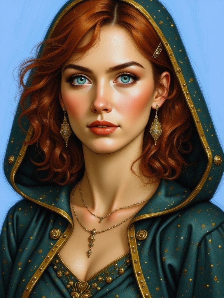 Elegant Woman with Turquoise Eyes, Art Nouveau Style