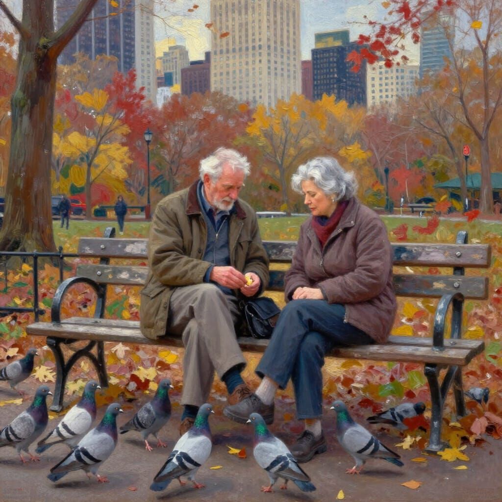 Elderly Couple Feeds Pigeons in Autumnal Central Park