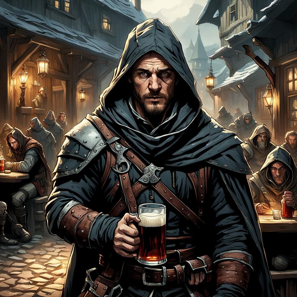 Scar-Faced Ranger with Falcon in Dark Fantasy Inn