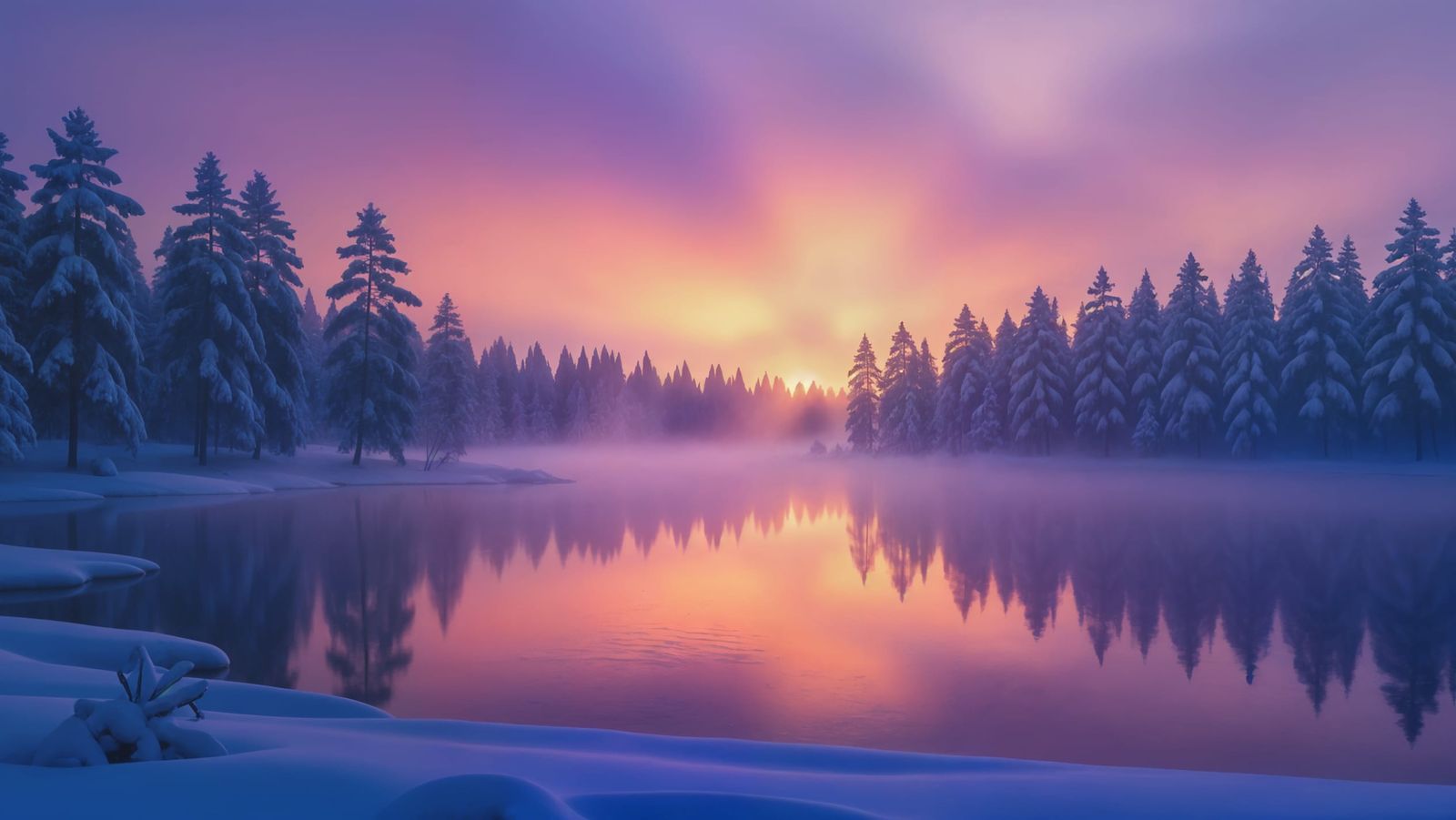 Mysterious Foggy Forest Over Frozen Lake at Dawn