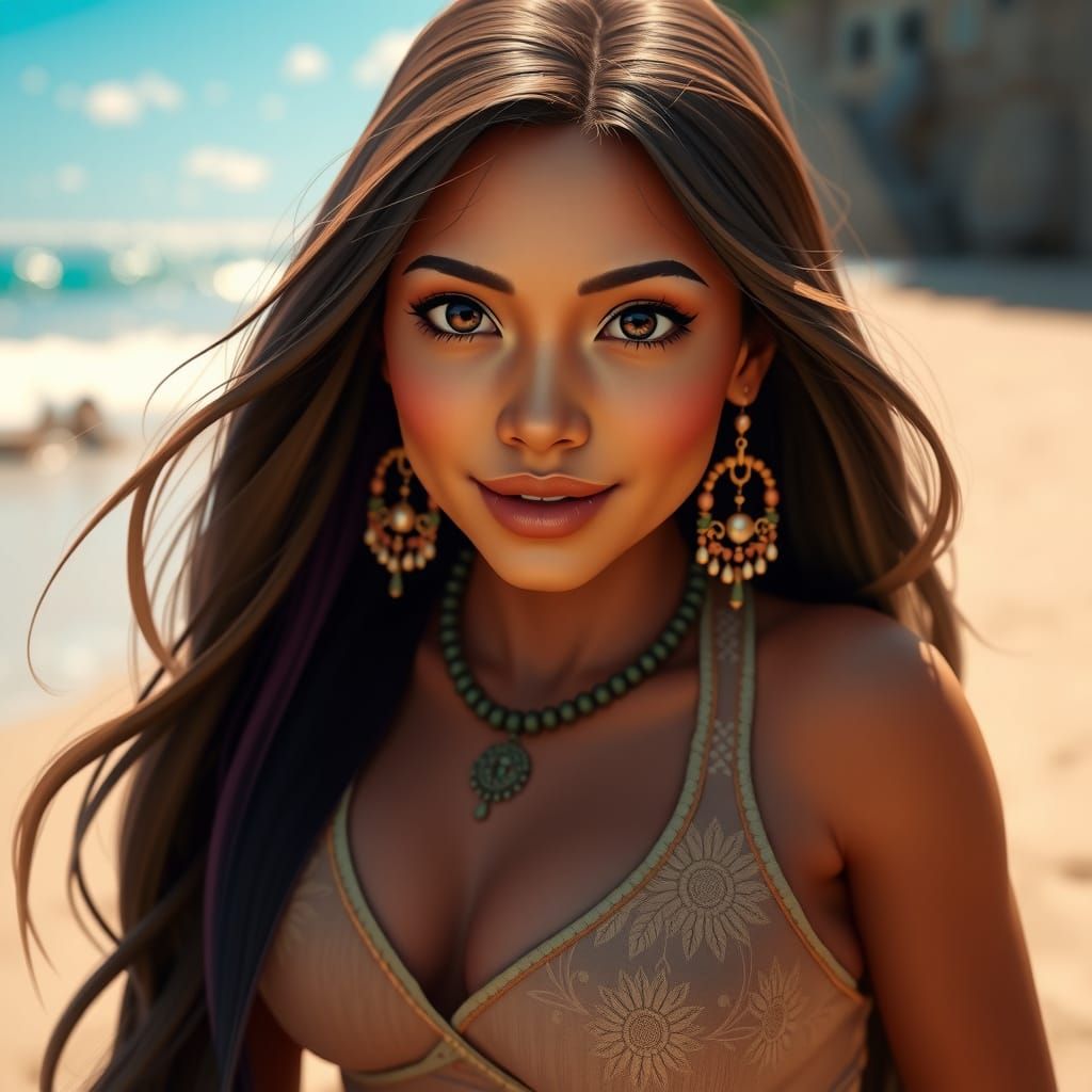 Pocahontas Portrait on the Beach, Detailed Digital Art