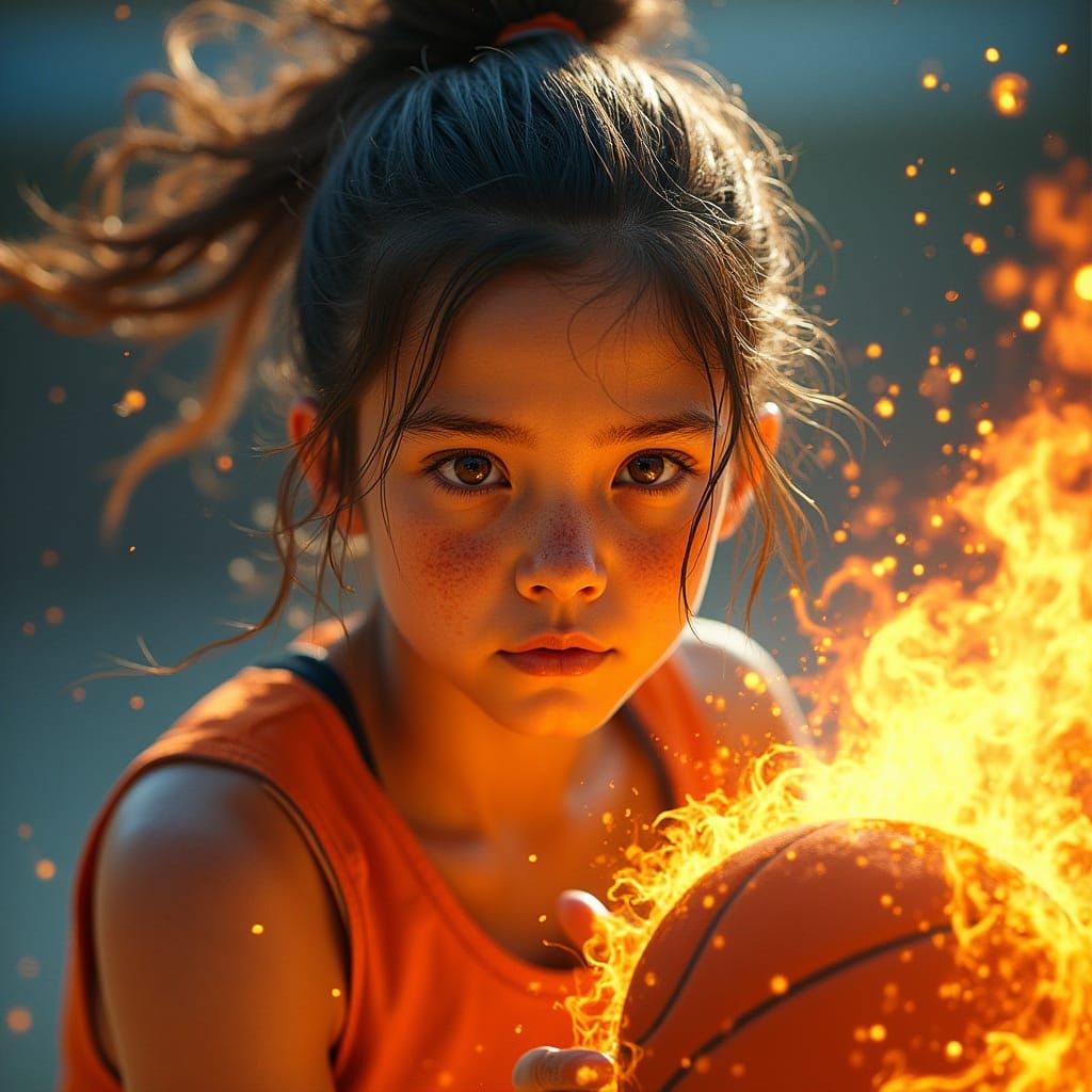 Girl Makes Slam Dunk as Basketball Erupts in Flames