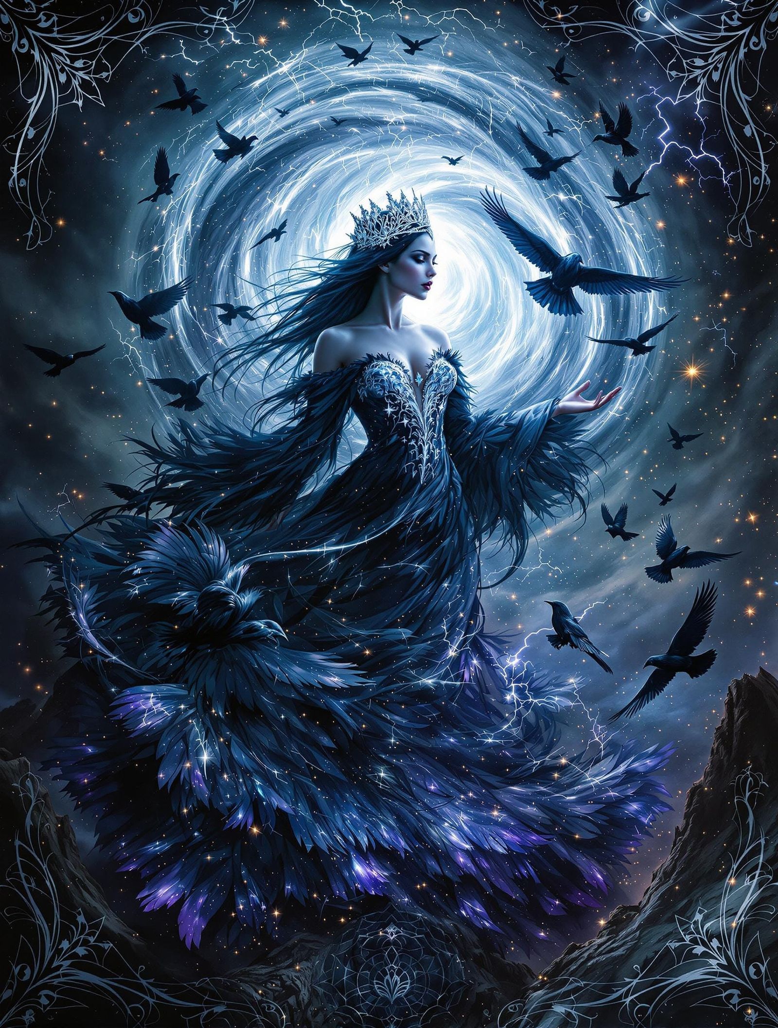 Ethereal Goddess of Ravens Reigns Amidst Baroque Whirlwind