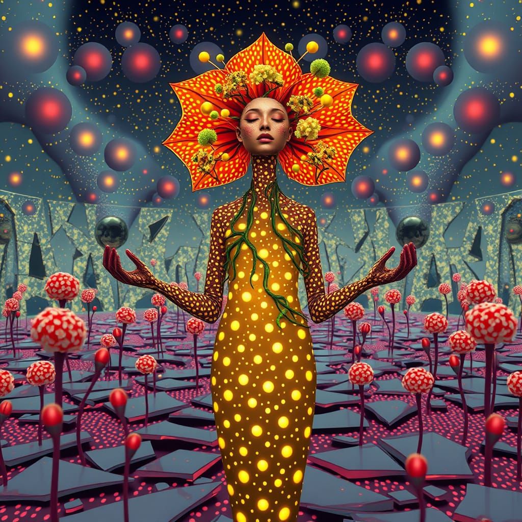 Ethereal Amaryllis Goddess in Dots Landscape