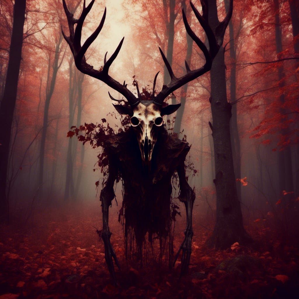 Shadow Monster with Elk Skull in Autumn Forest