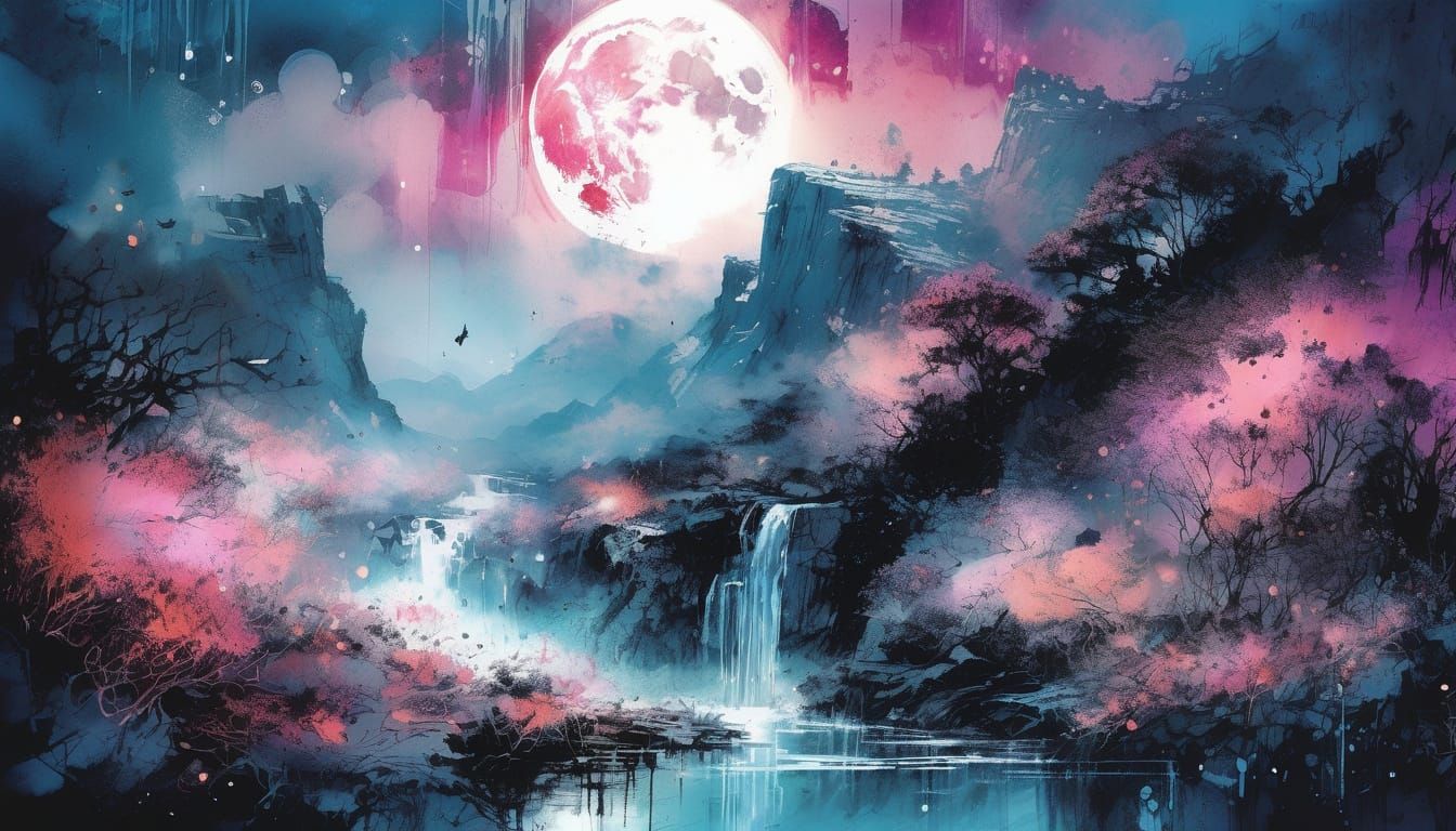 Lush Moonlit Riverscape in Watercolor Style