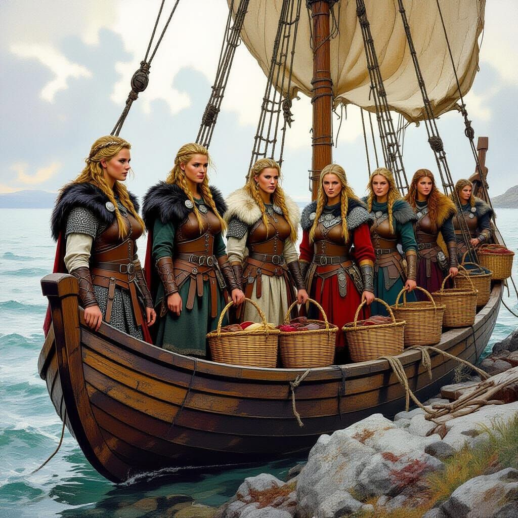 Viking Women Docking Longship for Trade