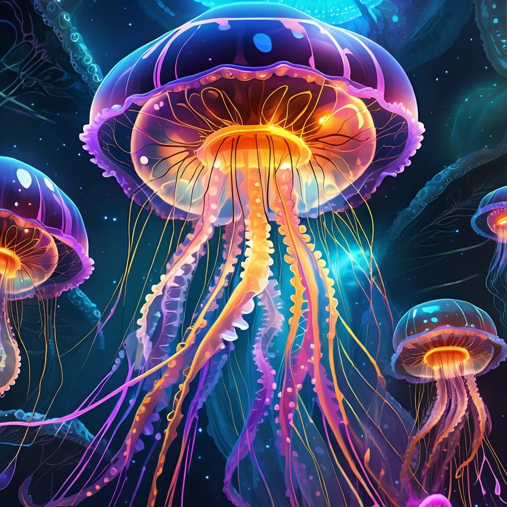 Bioluminescent Jellyfish in Mirrored Kaleidoscope Patterns