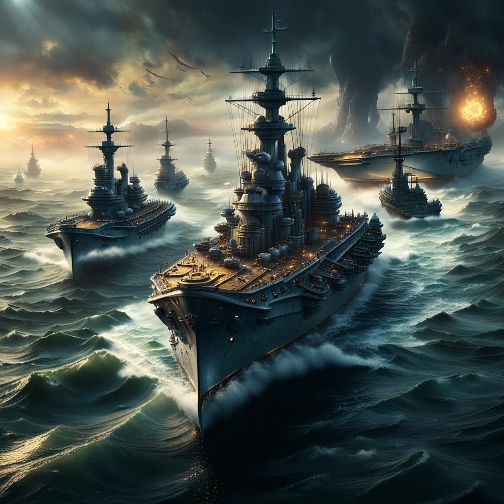 Battleship Fleet on Misty Sea: Fantasy Concept Art