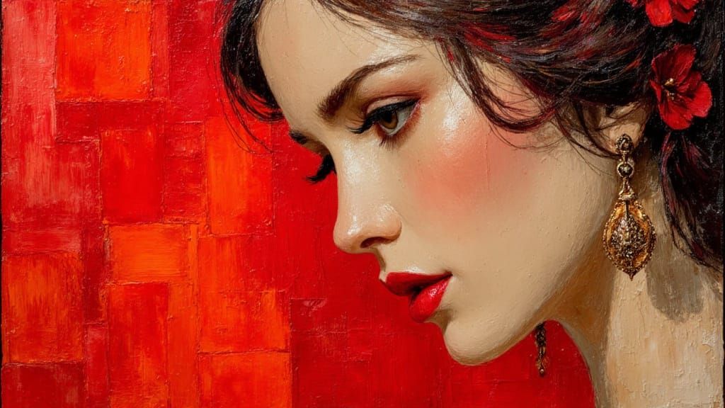 Elegant Princess in Scarlet, Oil Painting Style