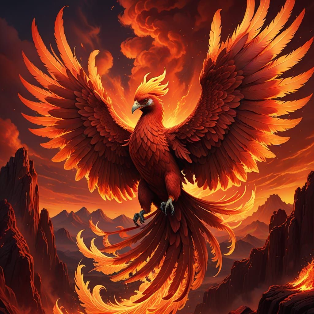 Majestic Phoenix Soaring Through Crimson Sky
