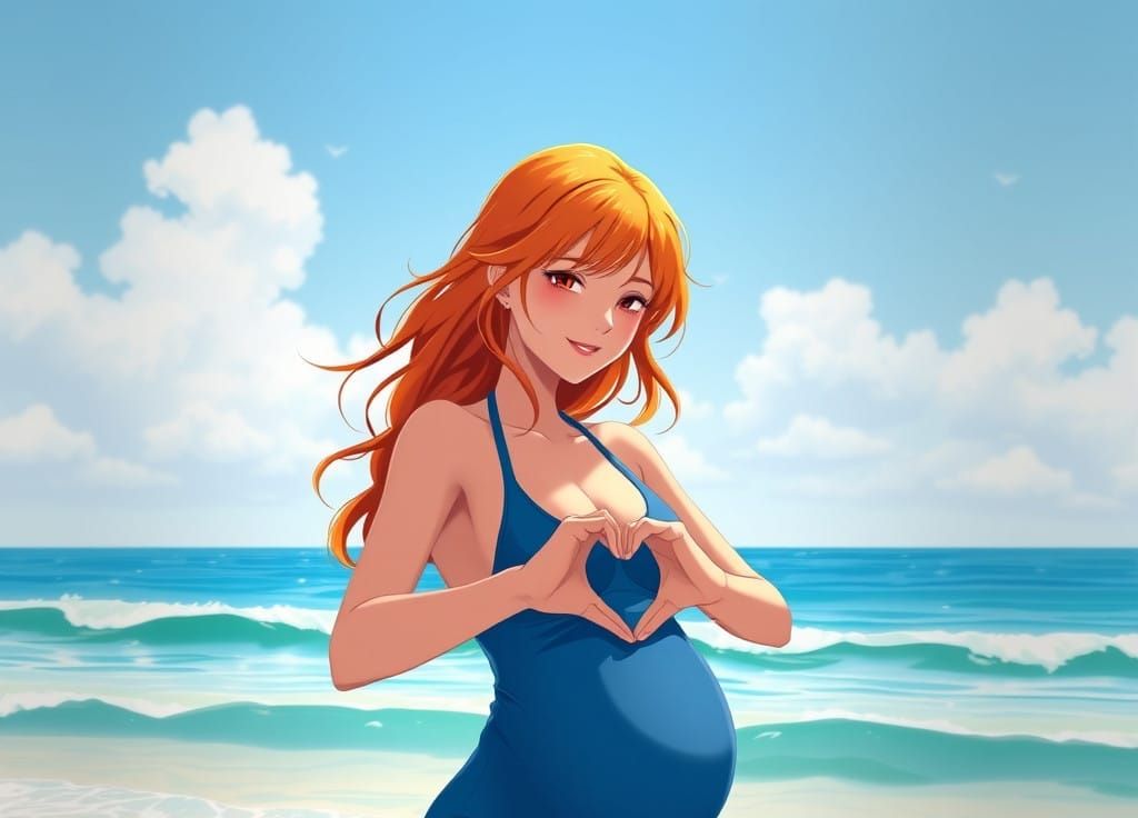 Pregnant Manga Goddess Embracing Her Fetal Love in a Vibrant...