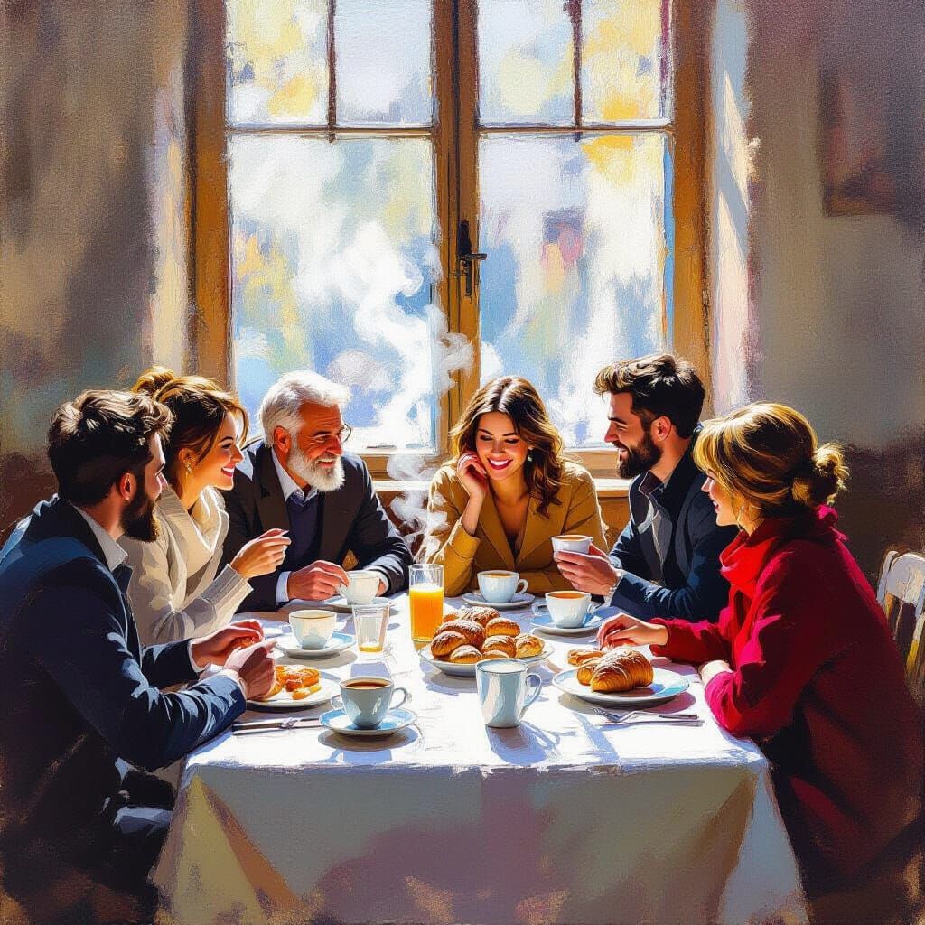 Vibrant Impressionist Breakfast Scene with Diverse People