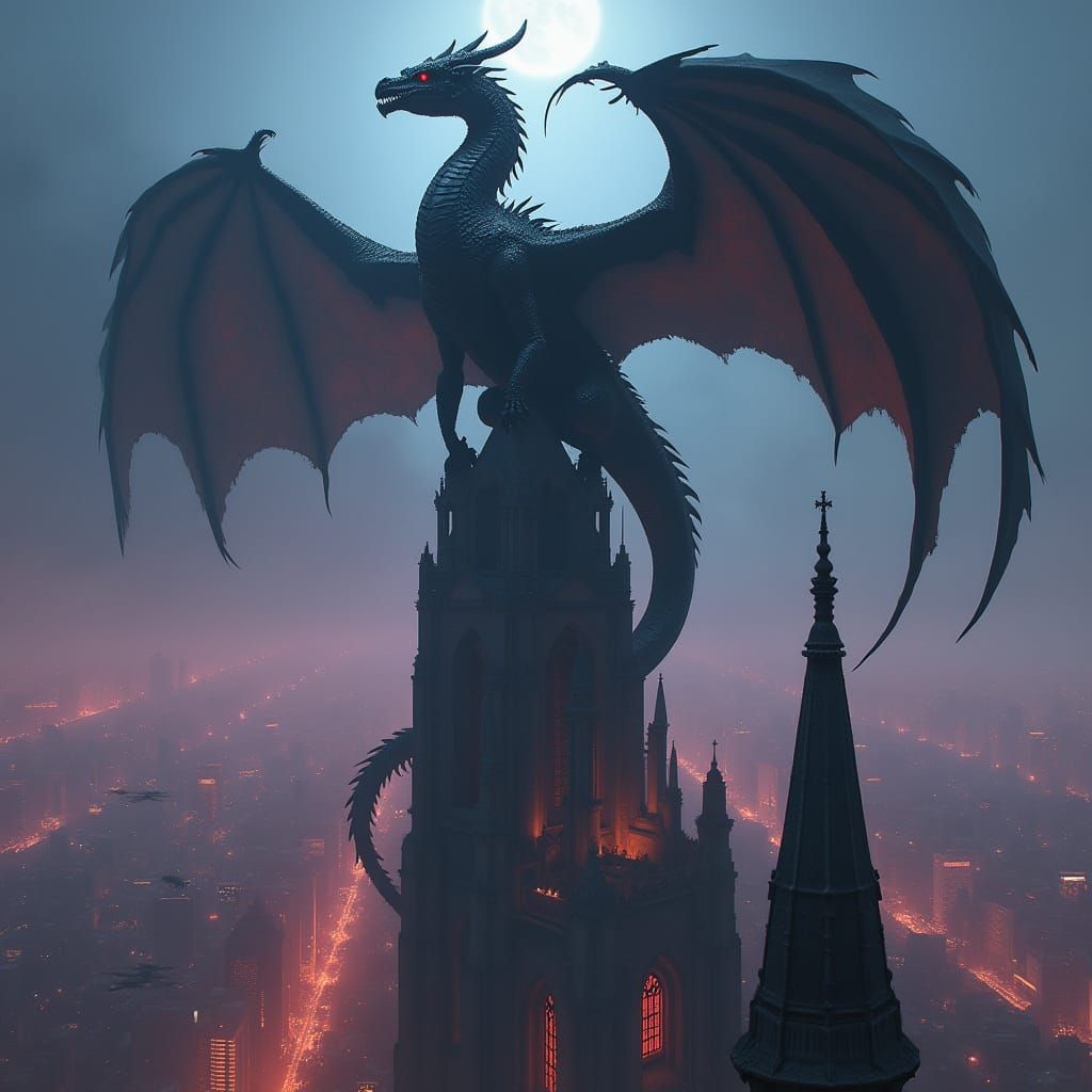 Majestic Dragon Over Futuristic City in Dark Fantasy Style