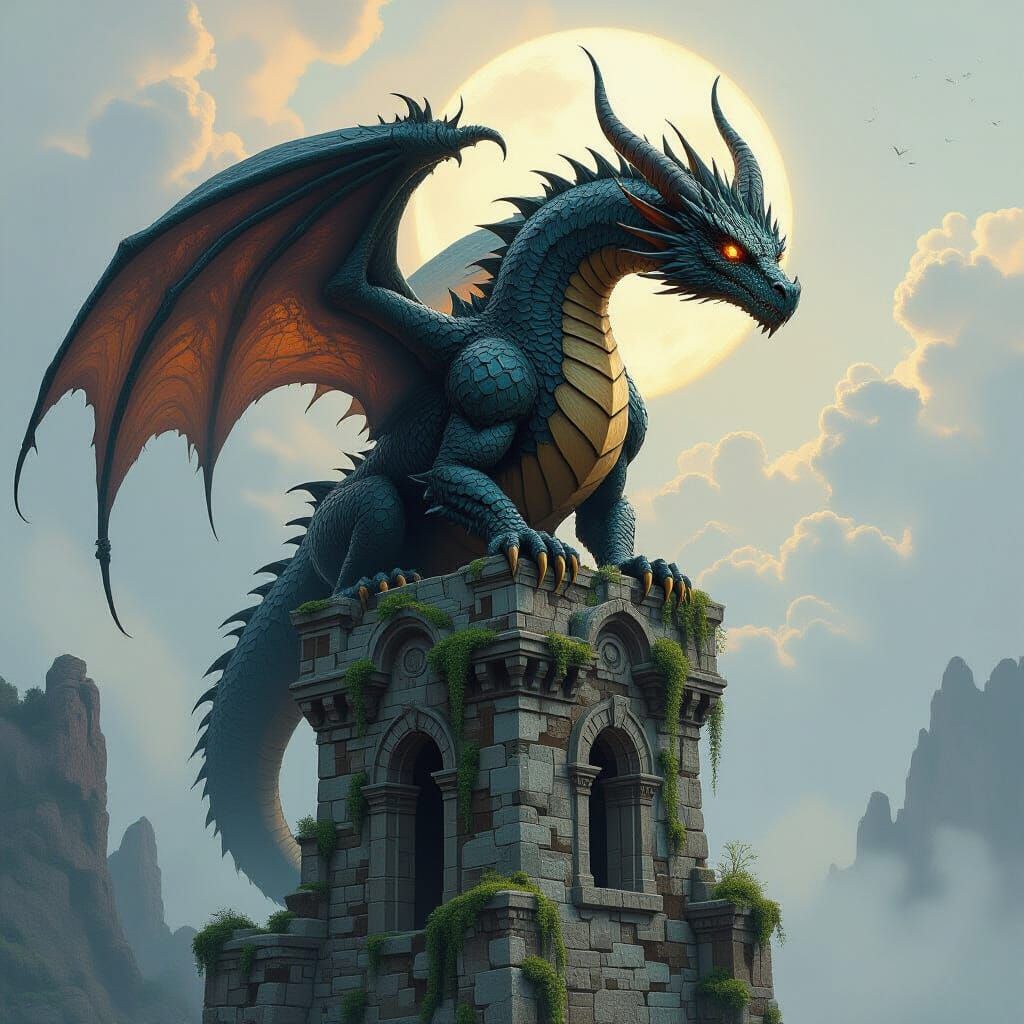 Obsidian Dragon on Crumbling Spire