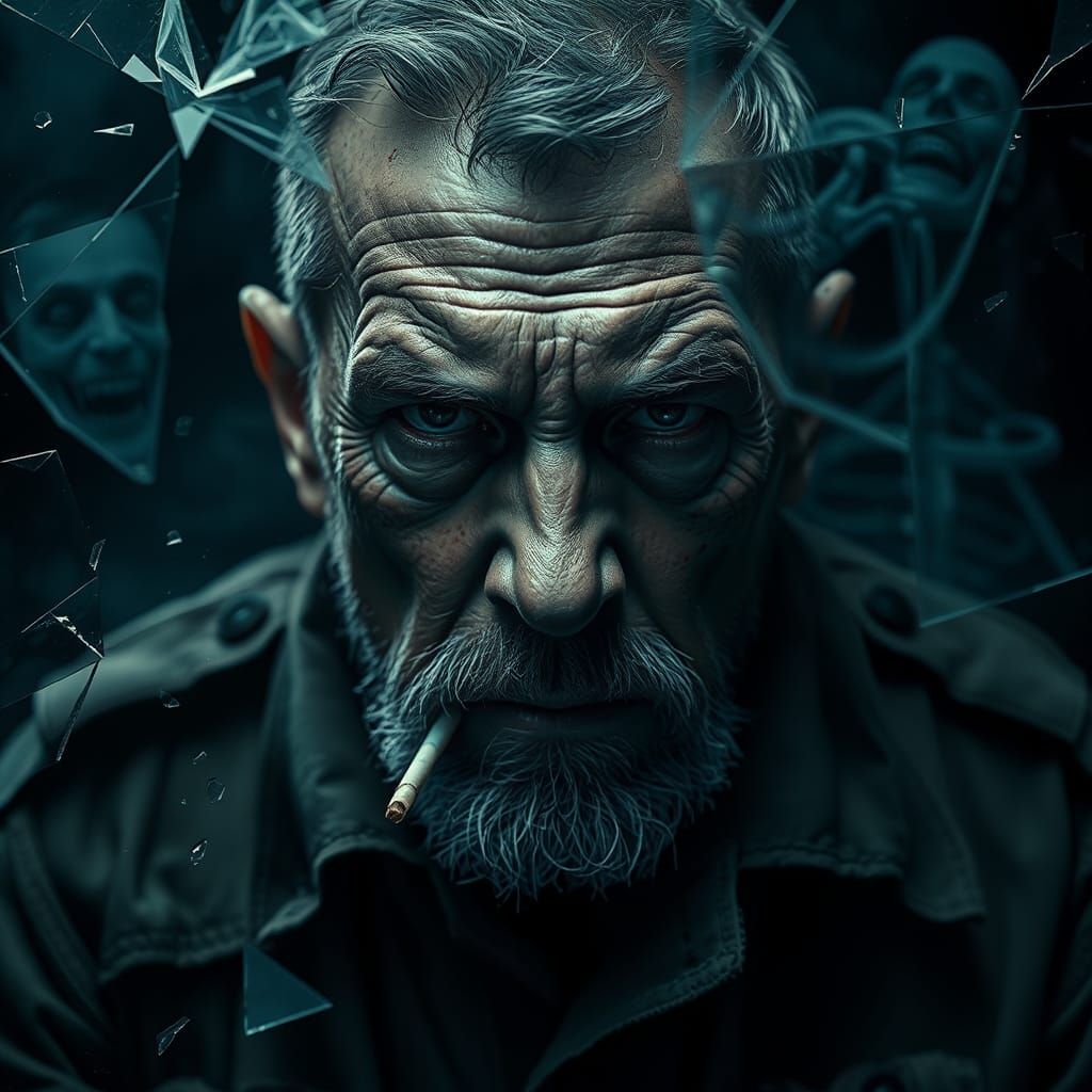 Grizzled Veteran's Piercing Gaze in Gothic Realism