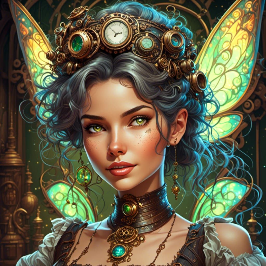 Steampunk Tinkerbell Portrait with Silver Linework