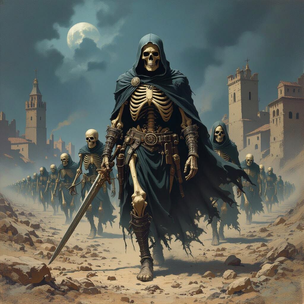 Skeleton Army Marches Through Desolate Cities in Gothic Styl...
