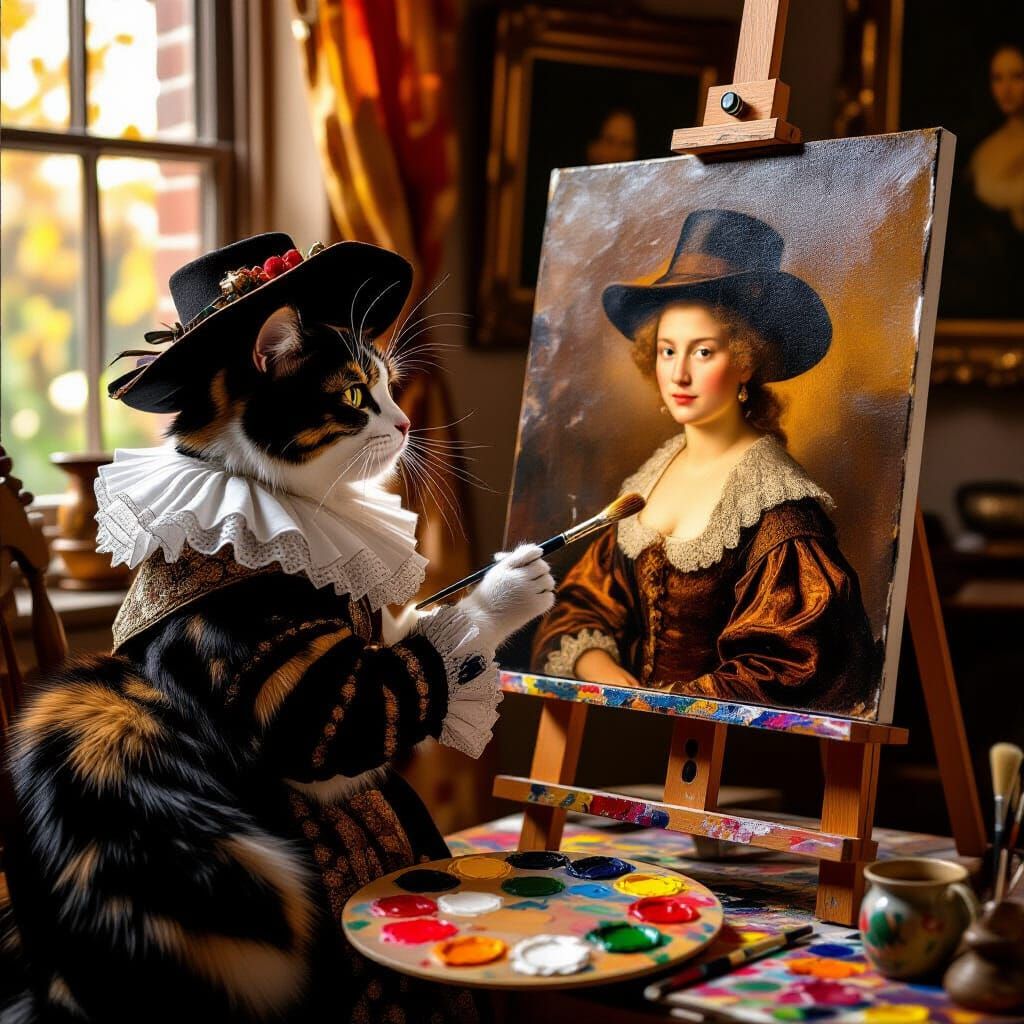 Calico Cat Paints a Portrait in Rembrandt Style