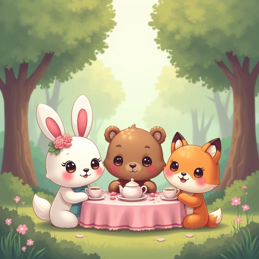 Cartoon Animals Tea Party in Kawaii Pastel Style