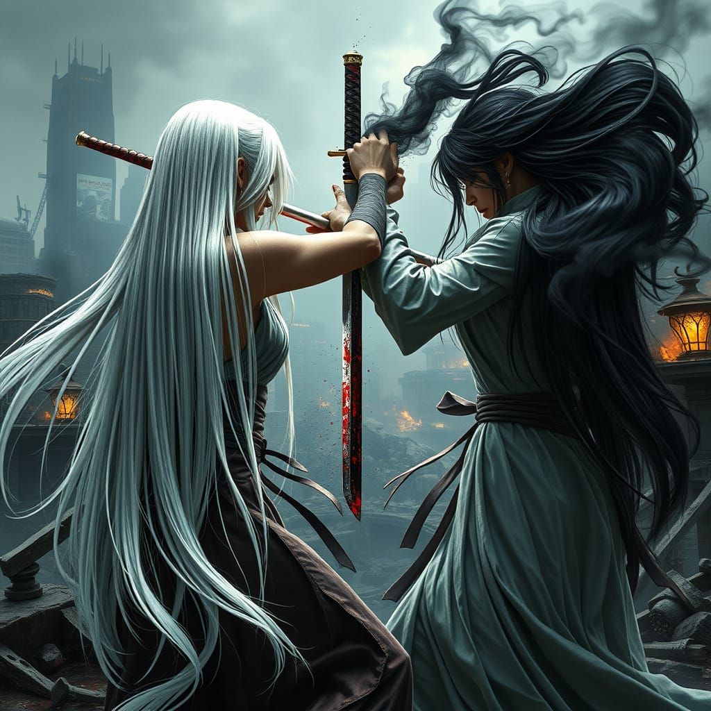 Ethereal Warriors Clash in a Dark, Gritty Cityscape