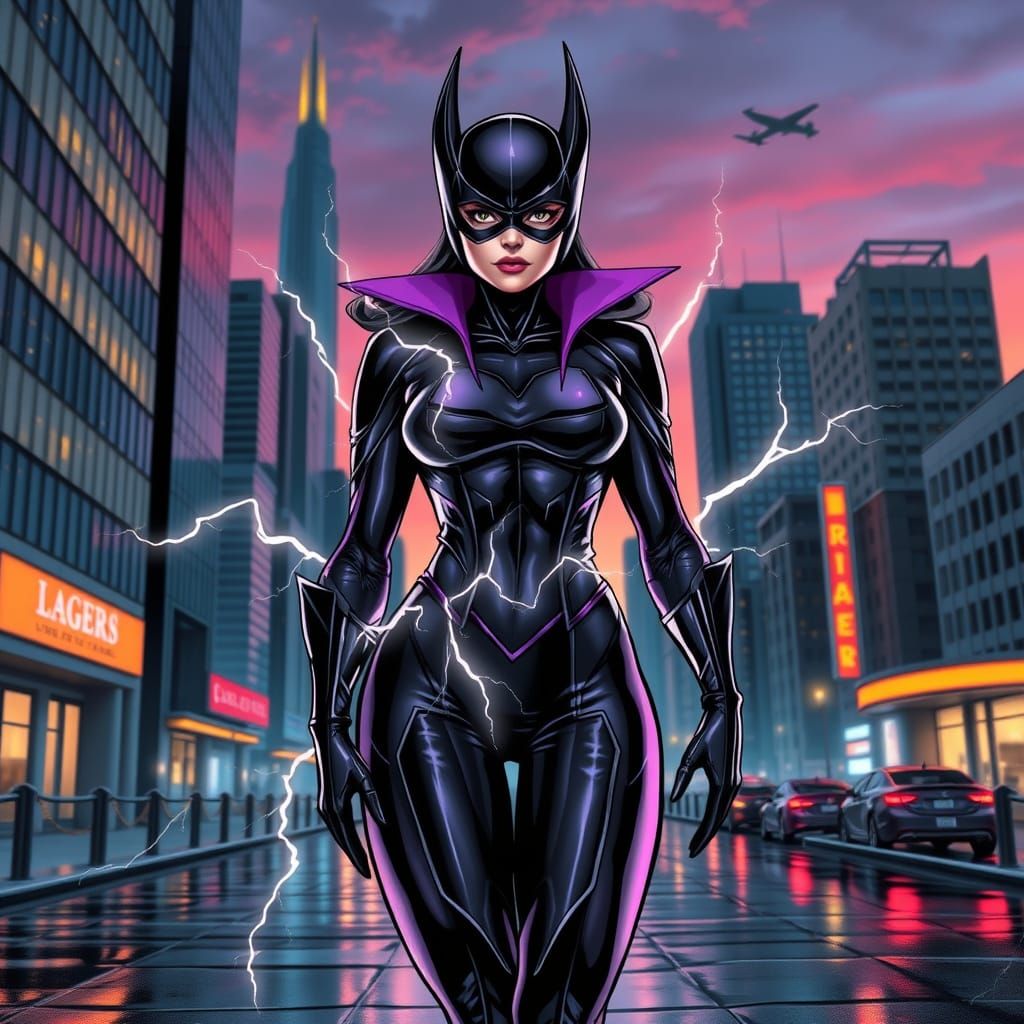 Electrifying Supervillain in a Cyberpunk Cityscape