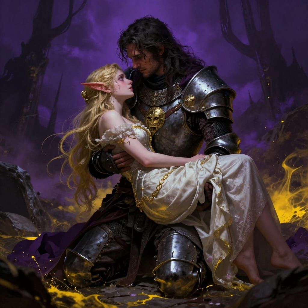Knight Cradles Injured Elf in Dark Fantasy Art