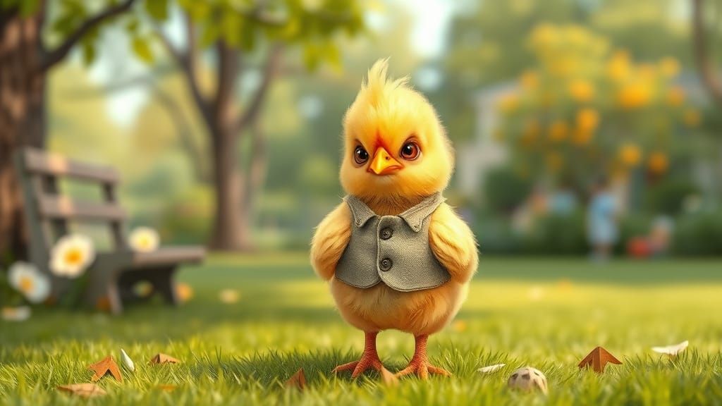 Angry Baby Chicken in Park, Whimsical Digital Art