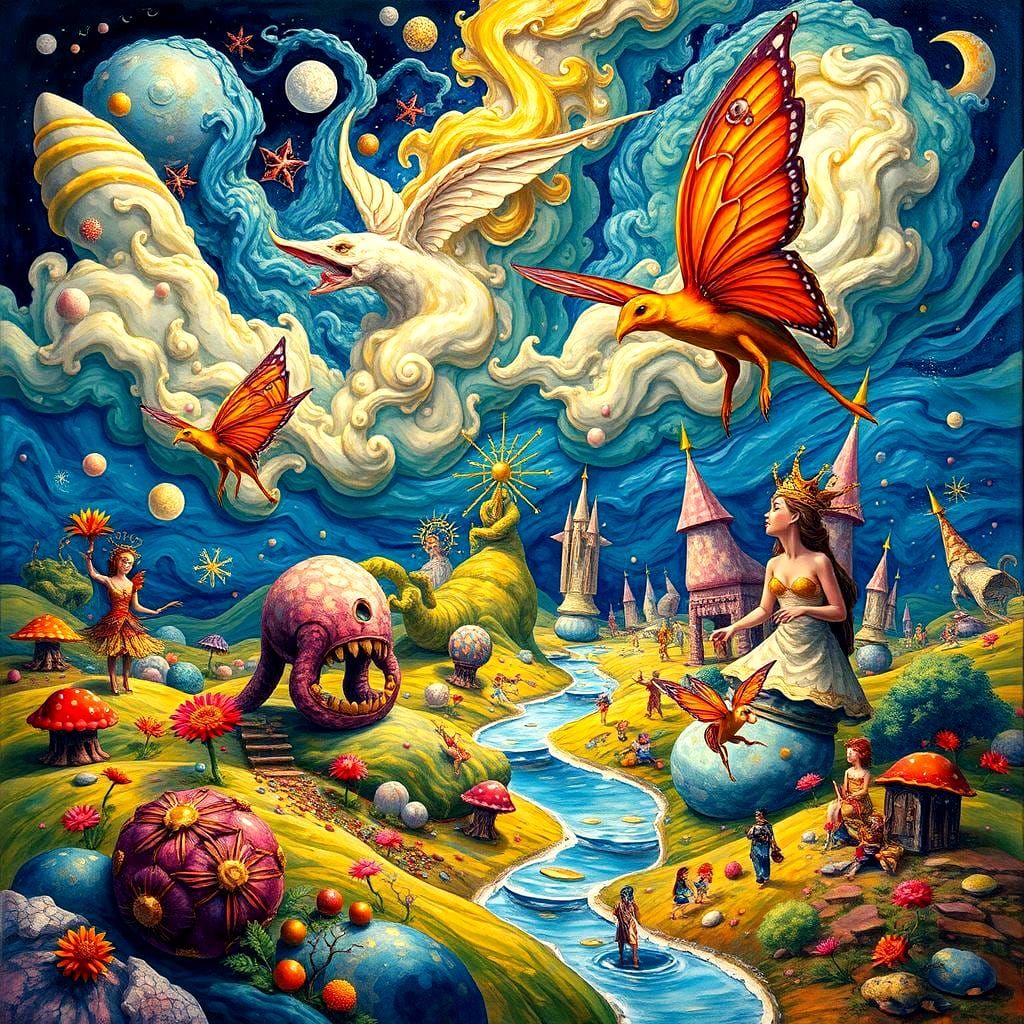 Ethereal Fantasy Creatures in Surreal Dreamscape Painting