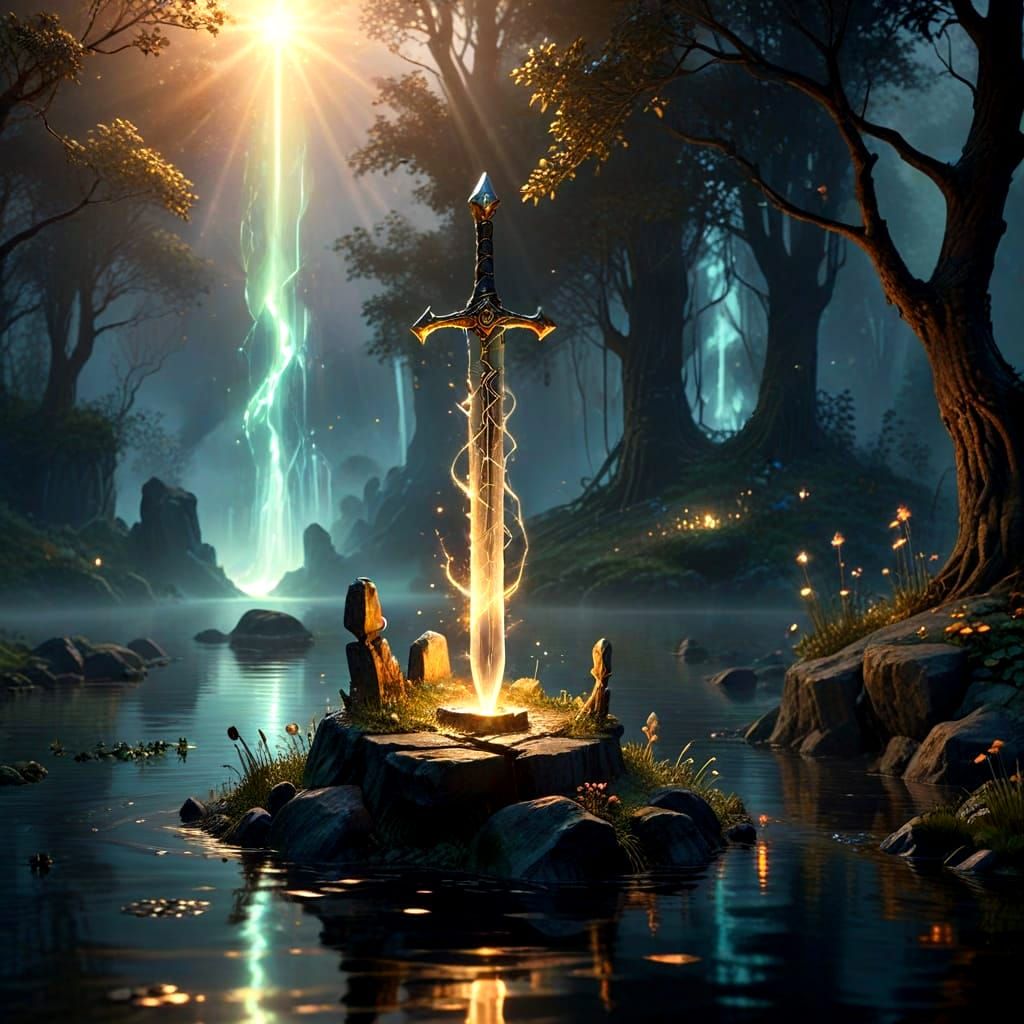 Surreal Excalibur Emerging from Lake's Mystical Depths
