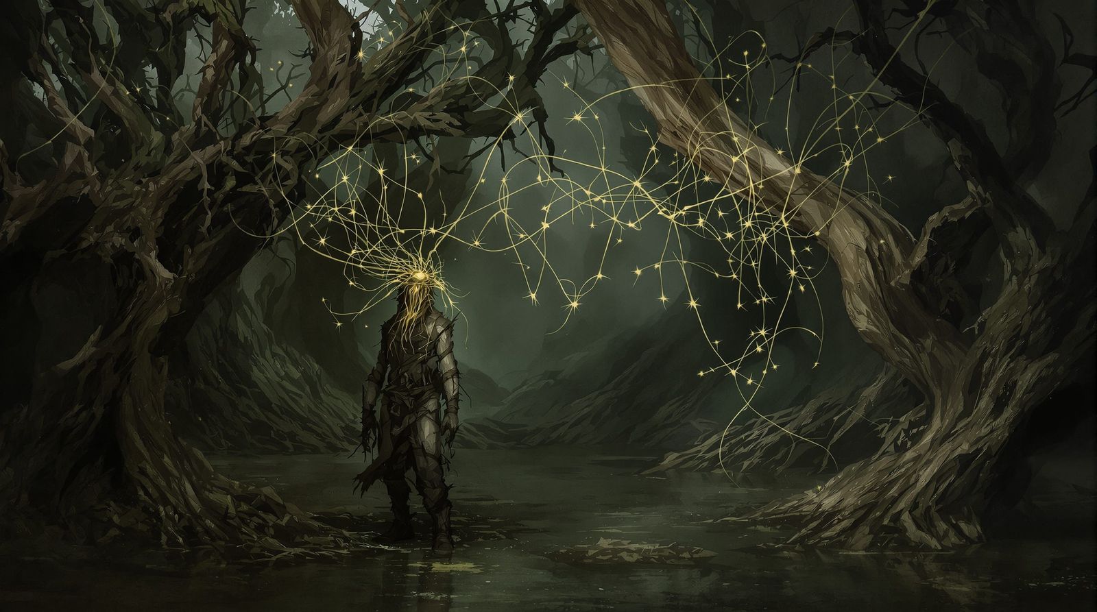 Eerie Neuroplasticity Figure in Murky Swamp Digital Painting
