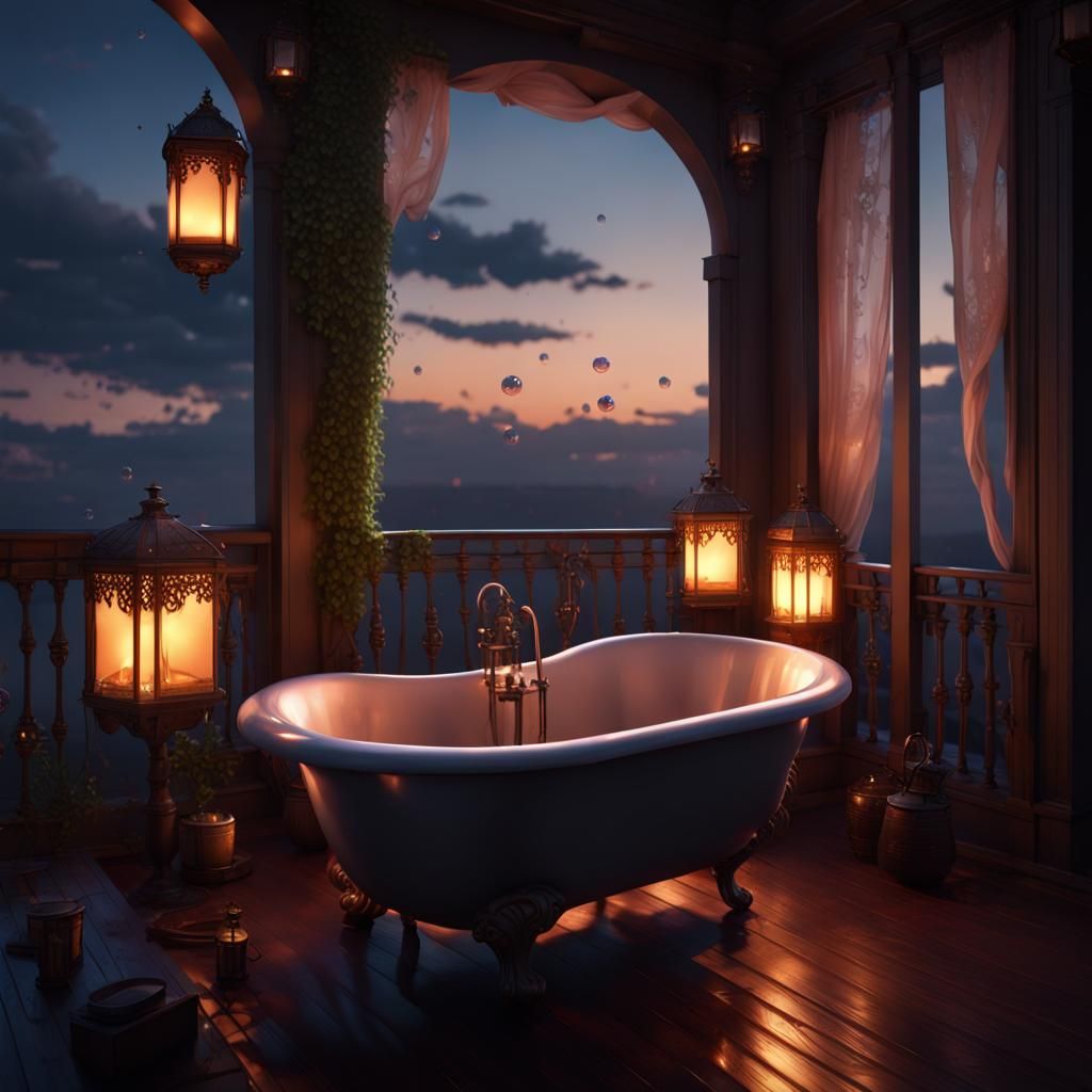 Fantasycore Balcony Bathtub in Hyperreal Style