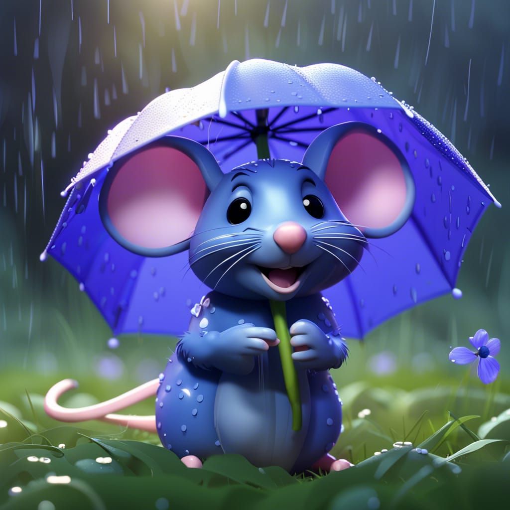 Mouse with Bluebell Umbrella in the Rain