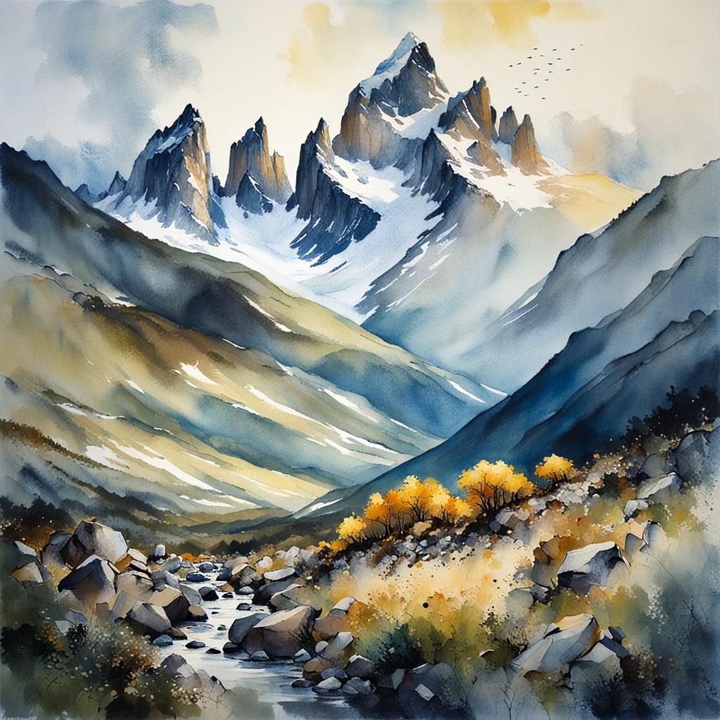 Patagonian Mountain Landscape at Sunset: Watercolor Style