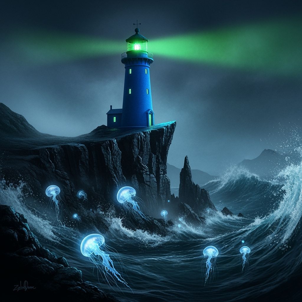 Electric Blue Lighthouse on Obsidian Cliff in Surreal Style