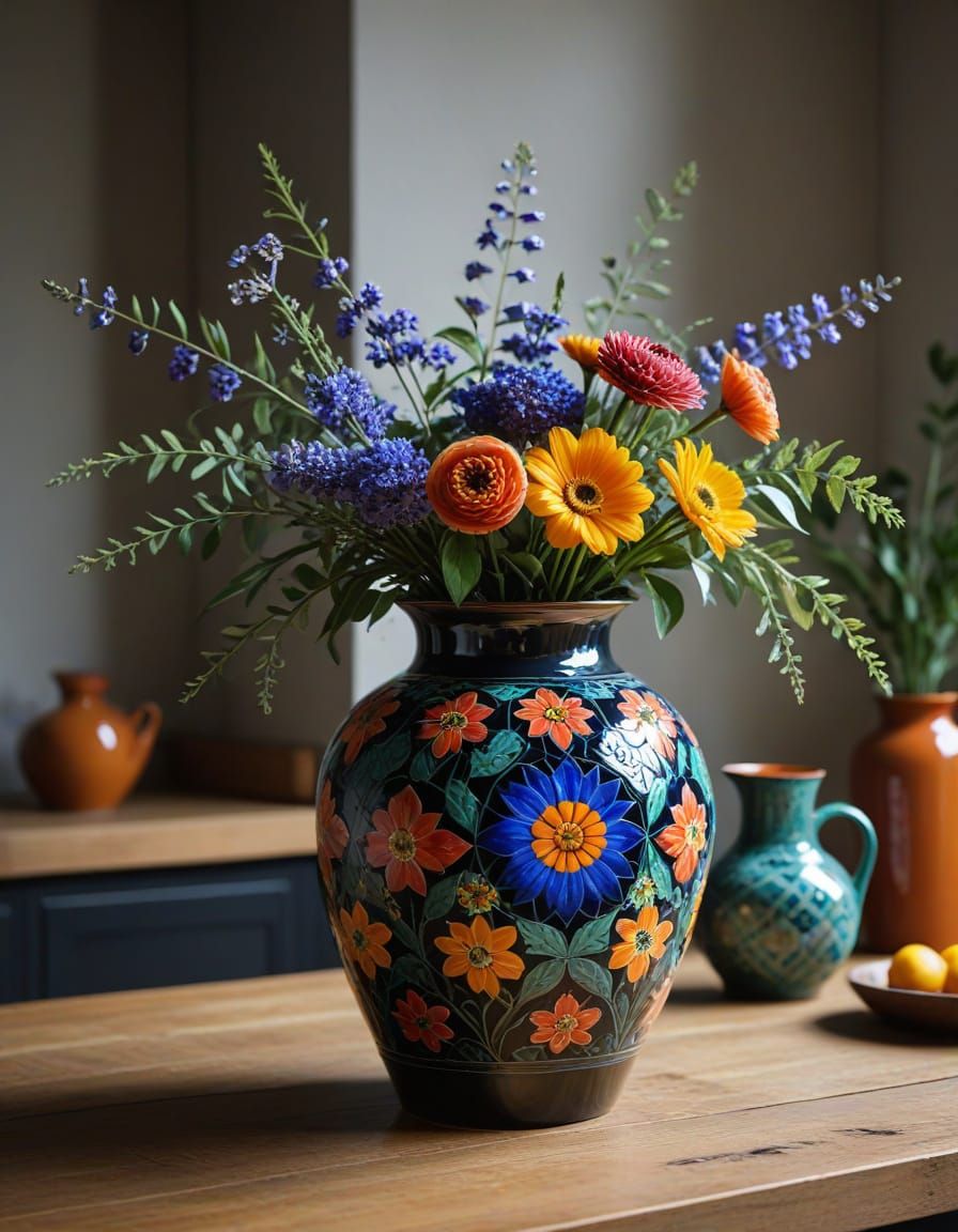 Lacquer-Carved Vase in Country Kitchen