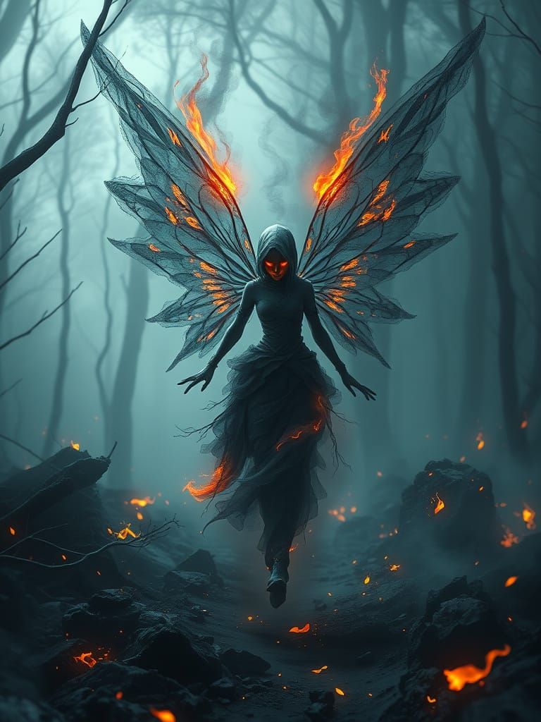 Ash Fairy in Charred Forest: Fantasy Art