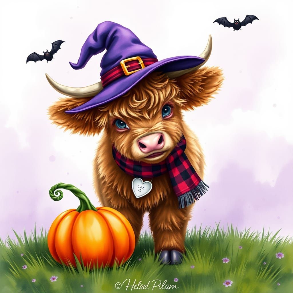 Highland Cow Calf in Witch Hat Fantasy Art