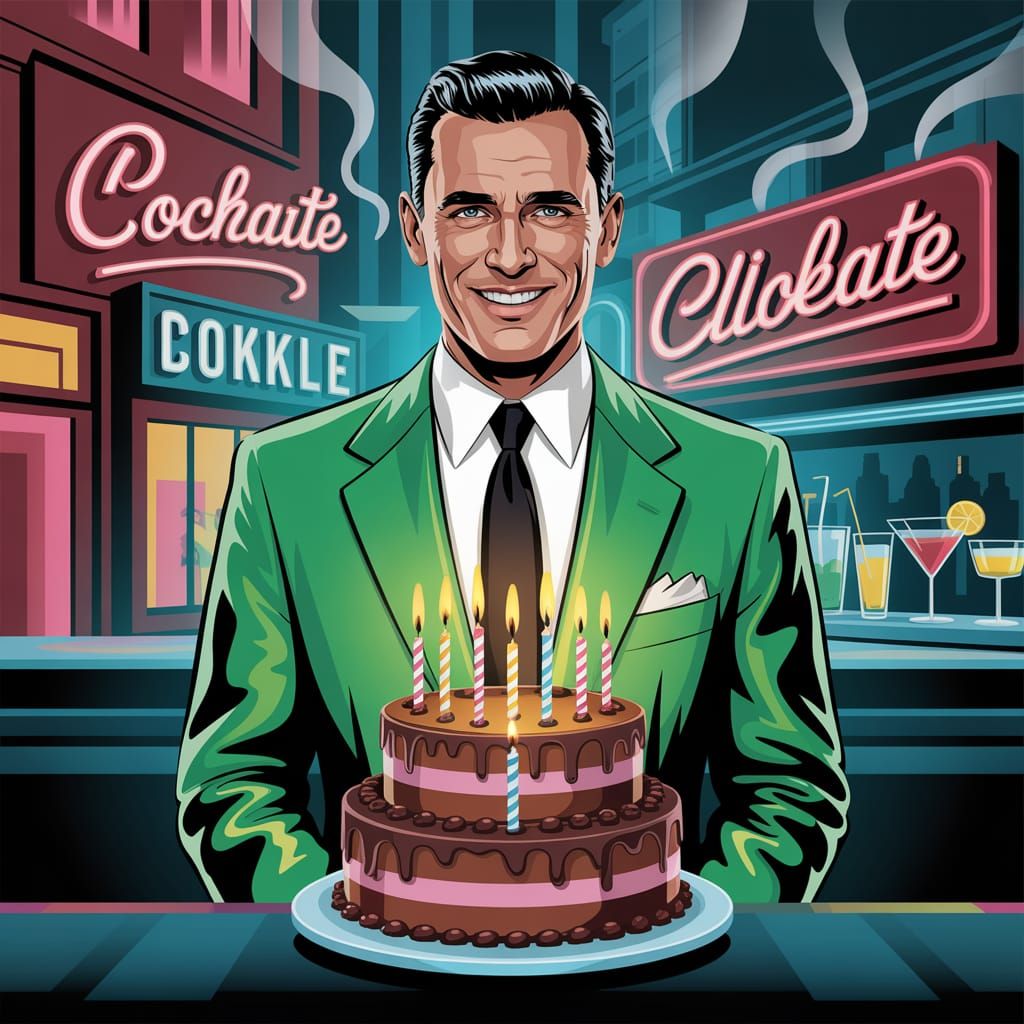 Don Draper in Neon Green Suit with Birthday Cake