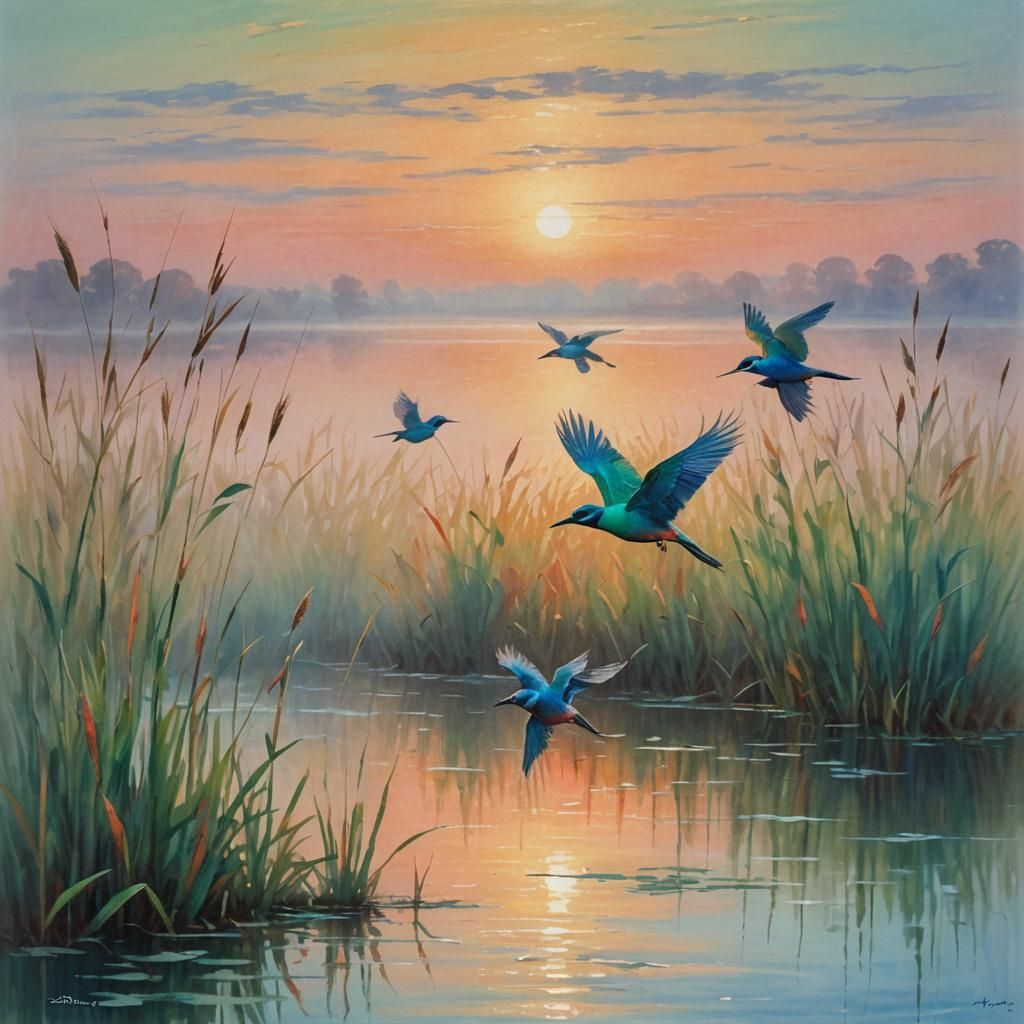 African Sunrise with Birds in Soft Pastel Hues
